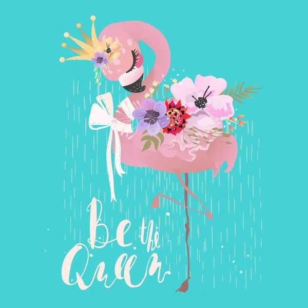 Bela Ilustração Pássaro Flamingo Rosa Com Coroa Flores Fundo Azul —  Vetores de Stock