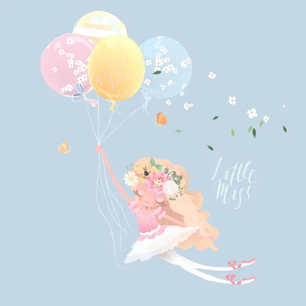 Belle Illustration Ballerine Mignonne Fille Avec Des Ballons Sur Fond — Image vectorielle