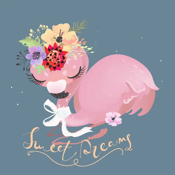 Όμορφη Απεικόνιση Του Ροζ Φλαμίνγκο Πουλί Λουλούδια Γκρίζο Φόντο — Διανυσματικό Αρχείο