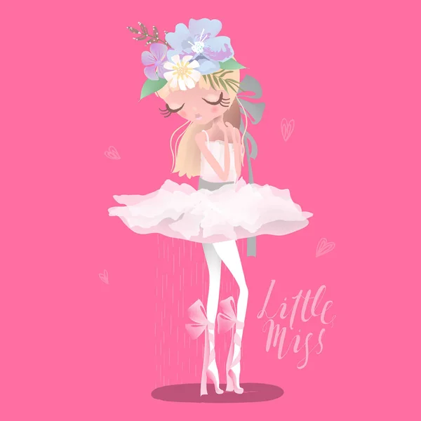 ピンクの背景に花を持つかわいいバレリーナの女の子の素敵なイラスト — ストックベクタ