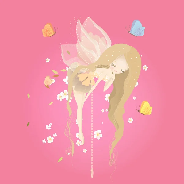Menina Fada Mágica Com Flores Ilustração Criativa Sobre Fundo Rosa — Vetor de Stock