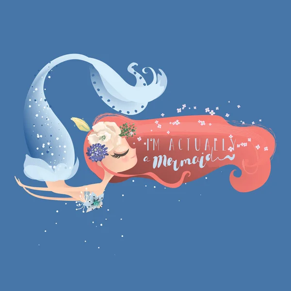 水中背景に赤い髪を持つかわいい人魚のキャラクター — ストックベクタ
