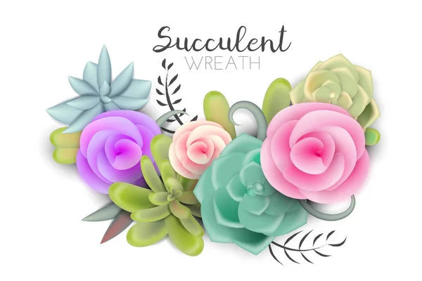 Belle Couronne Succulente Avec Des Fleurs — Image vectorielle