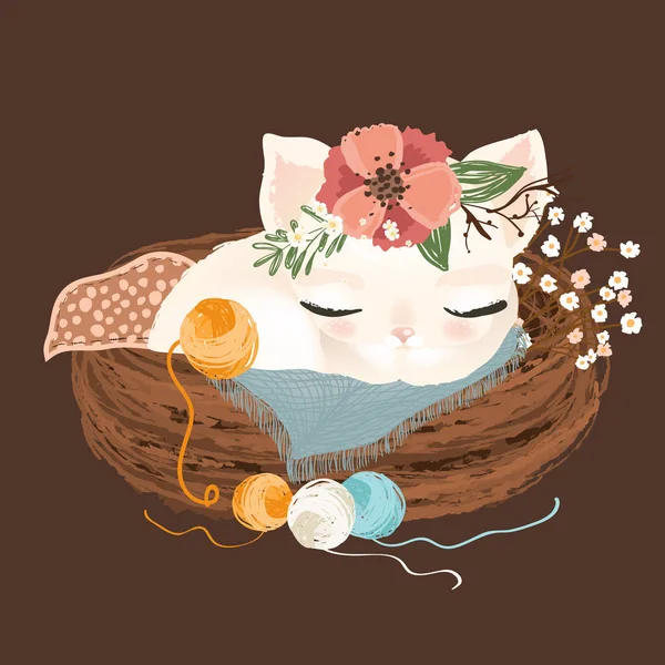 Χαριτωμένο Vintage Ύπνου Γάτα Χαρακτήρα Στο Καλάθι Λουλούδια Και Μπάλες — Διανυσματικό Αρχείο