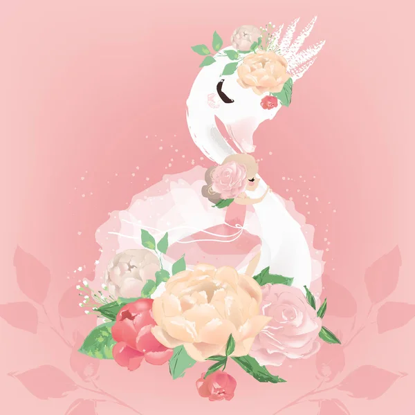 Bela Ilustração Pássaro Cisne Com Coroa Flores Fundo Rosa —  Vetores de Stock