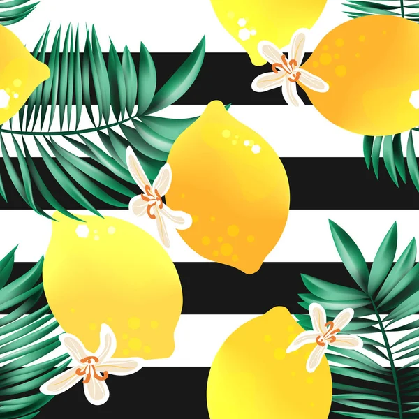 Beautiful Seamless Lemons Exotic Leaves Tileable Pattern Striped Background — Stock Vector