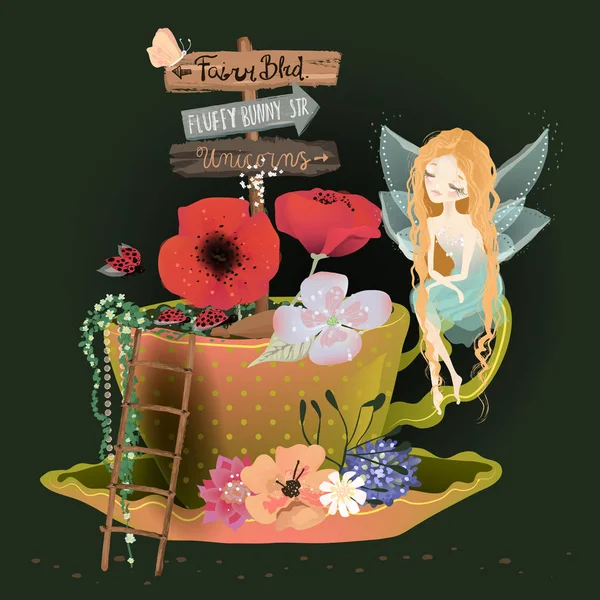 Zauberhafte Fee Sitzt Bei Teetasse Und Holzschild Mit Blumen Kreative — Stockvektor