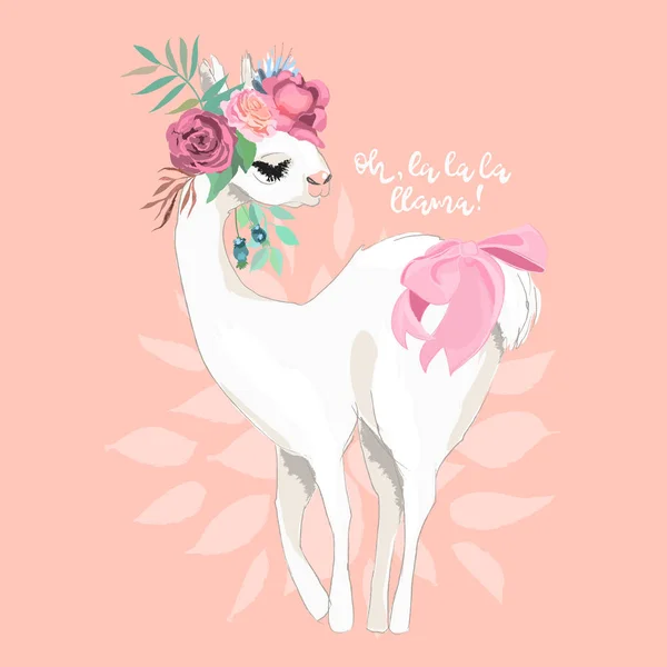 Hermosa Llama Con Flores Corona Floral Ramo Lazo Atado Con — Vector de stock