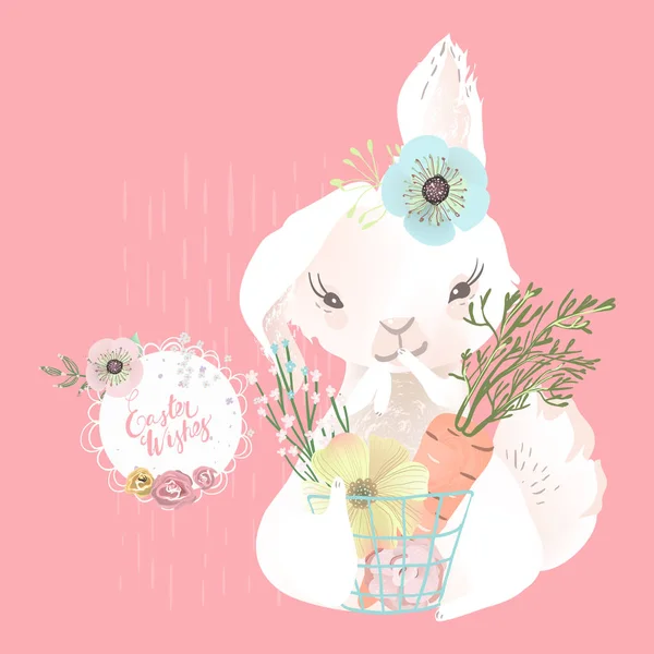 Śmieszne Ilustracji Easter Bunny Kwiatami Marchewką Różowym Tle — Wektor stockowy