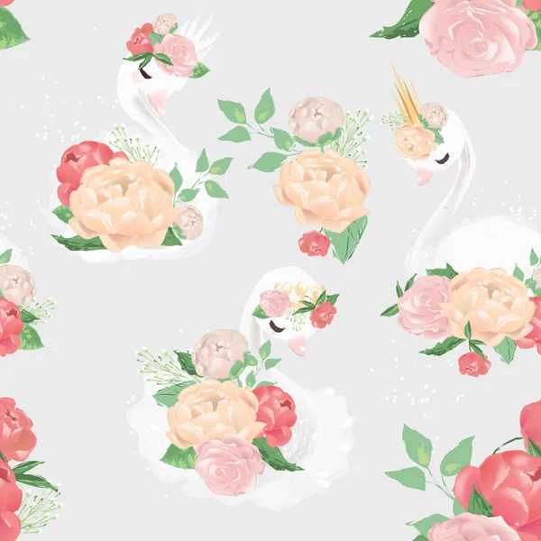 Beautiful Vintage Swans Peonies Flowers Floral Seamless Pattern Grey Background — Stock Vector