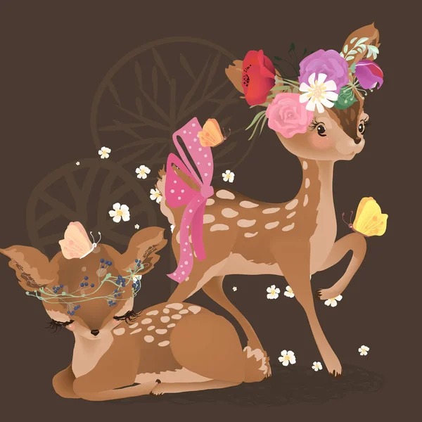 Cerf Magique Avec Des Fleurs Illustration Créative Sur Fond Sombre — Image vectorielle