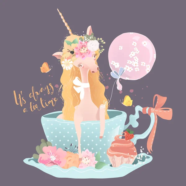 Niedliches Einhorn Tasse Illustration Mit Luftballon Cupcake Blumen Und Schmetterlingen — Stockvektor