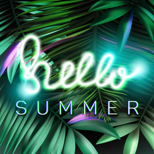 Cartão Sazonal Verão Com Folhas Palmeira Neon Sign Férias Conceito —  Vetores de Stock