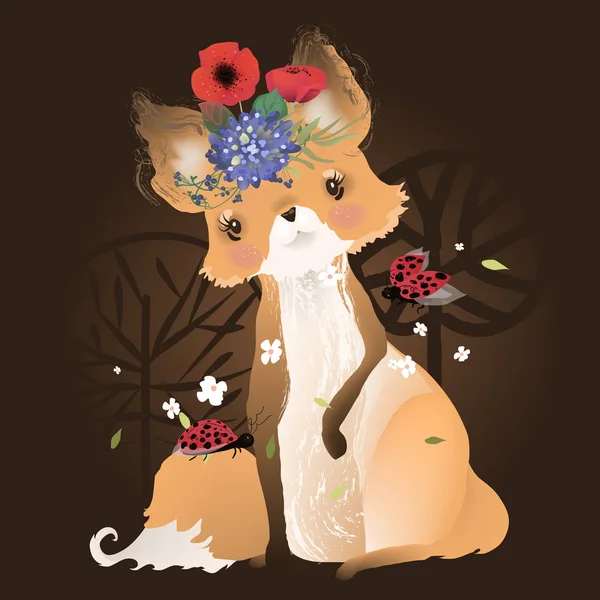 Magischer Fuchs Mit Marienkäfern Und Blumen Kreative Illustration Auf Dunklem — Stockvektor