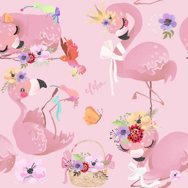 Set Von Schönen Illustrationen Von Rosa Flamingos Mit Blumen Luftballons — Stockvektor