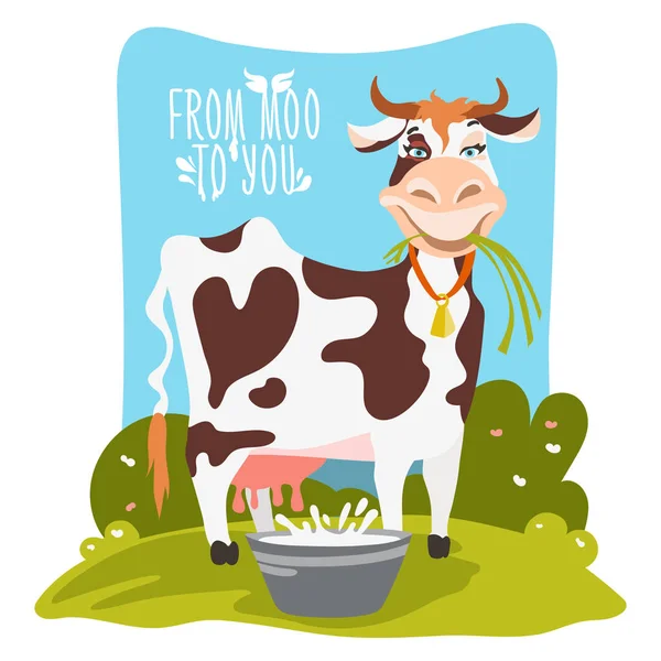 Vaca Comendo Grama Gramado Perto Leite — Vetor de Stock