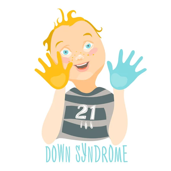 Schattige Jongen Met Syndroom Tonen Gekleurde Handen — Stockvector