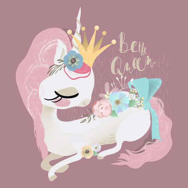 Jolie Illustration Princesse Licorne Avec Couronne Fleurs Sur Fond Brun — Image vectorielle