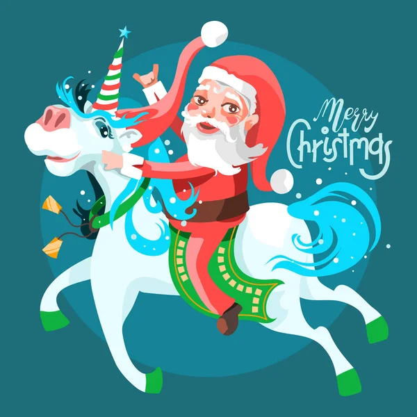Santa Équitation Licorne Illustration Noël Sur Fond Bleu — Image vectorielle