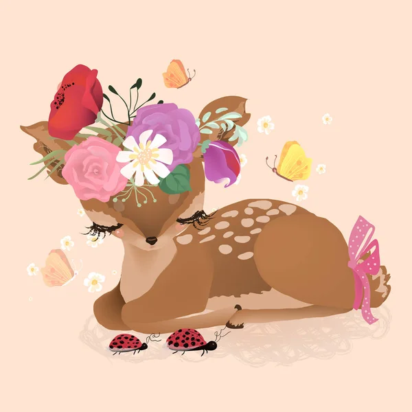 Magiska Rådjur Med Fjärilar Nyckelpigor Och Blommor Kreativ Illustration Beige — Stock vektor