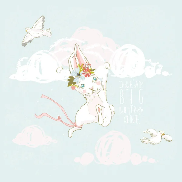 花の花輪 ハトと雲とかわいい手が描かれたバニー — ストックベクタ