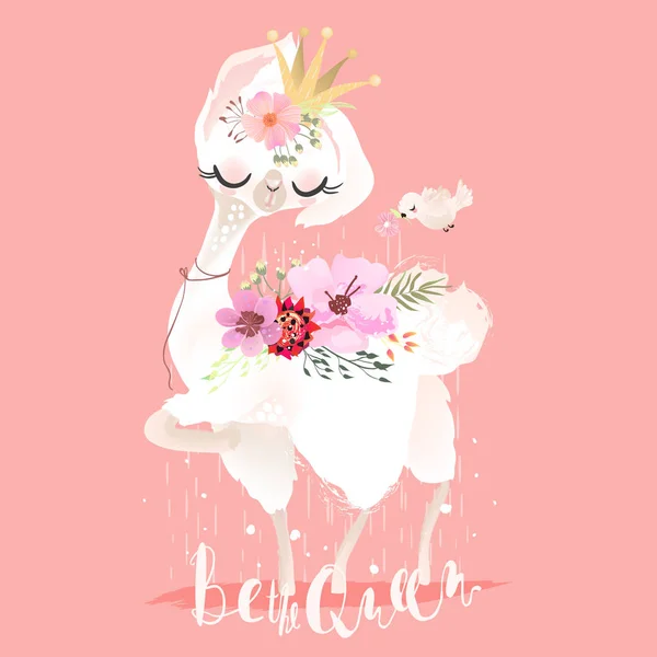Niedliches Lama Mit Blumen Und Krone Cartoon Illustration Auf Rosa — Stockvektor