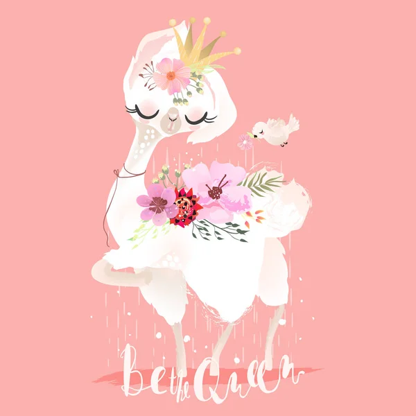 Lama Bonito Com Flores Coroa Ilustração Dos Desenhos Animados Sobre — Vetor de Stock