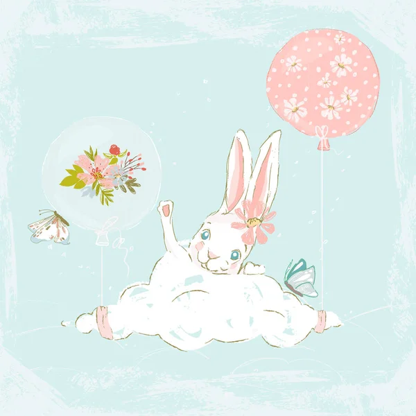 Mignon Lapin Dessiné Main Avec Couronne Florale Papillons Ballon Nuage — Image vectorielle