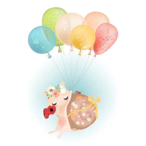 Niedlichen Vintage Baby Schnecke Mit Luftballons Auf Dem Hintergrund — Stockvektor