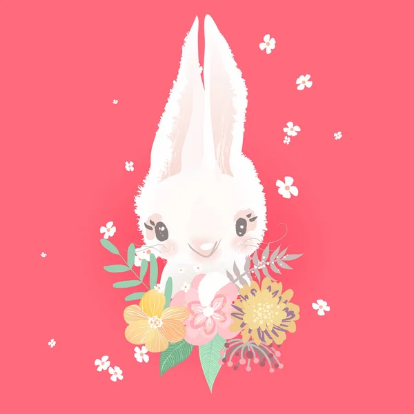 ピンクの背景に花を持つバニーの手描きのイラスト — ストックベクタ