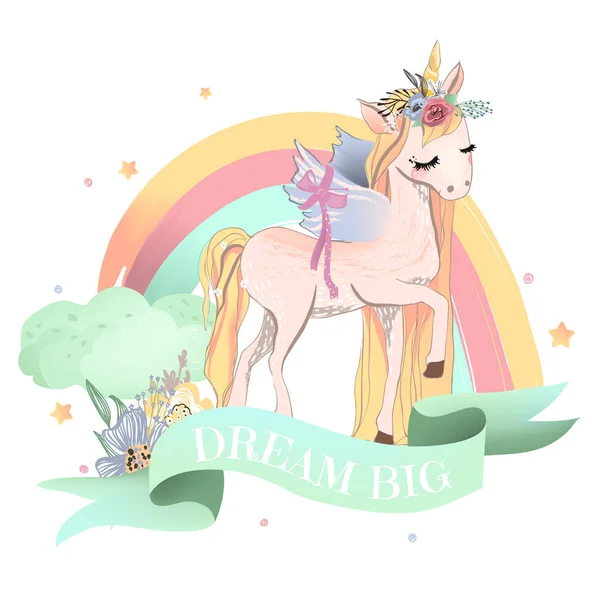 Cute Pegasus Unicorn Ilustracji Tęczy Wstążka Cytat Białym Tle — Wektor stockowy