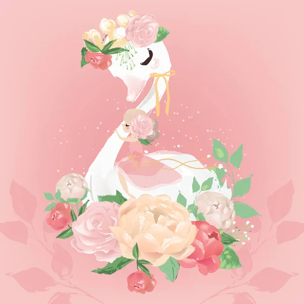 Piękna Ilustracja Łabędzia Ptak Mała Wróżka Koroną Kwiatami Różowym Tle — Wektor stockowy