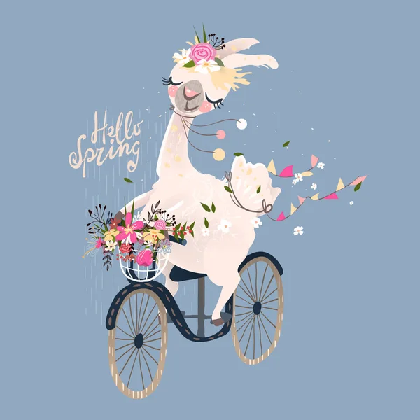 Aranyos Láma Kerékpár Virágok Rajzfilm Illusztráció Szürke Háttér — Stock Vector