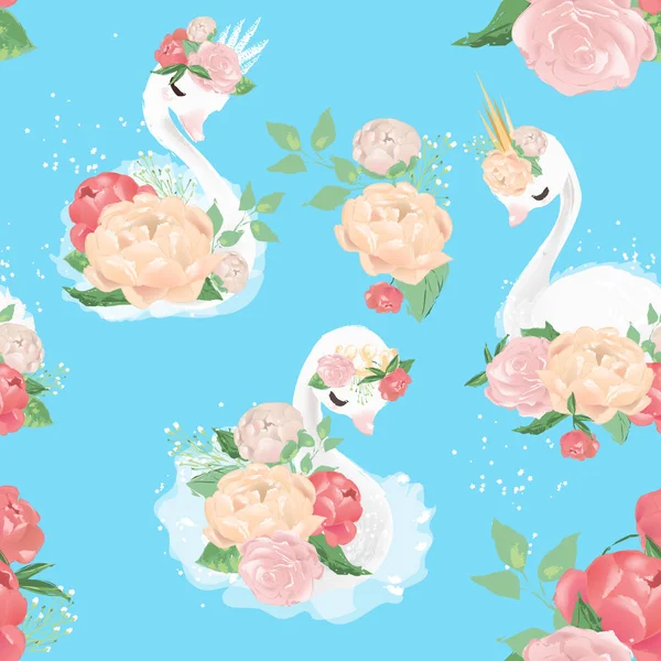 青い背景にポニーの花 花のシームレスなパターンと美しいヴィンテージ白鳥 — ストックベクタ