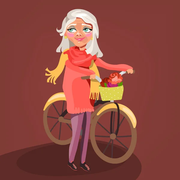 Arka Planda Bisiklet Ile Ayakta Kıdemli Kadın — Stok Vektör