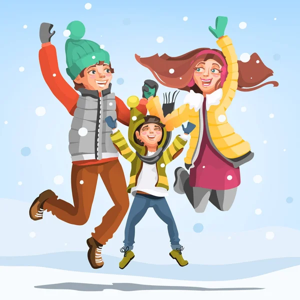 Kışın Atlama Sevimli Aile — Stok Vektör