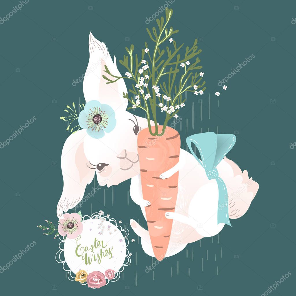 Cute illustration of Easter bunny with carrot on blue background