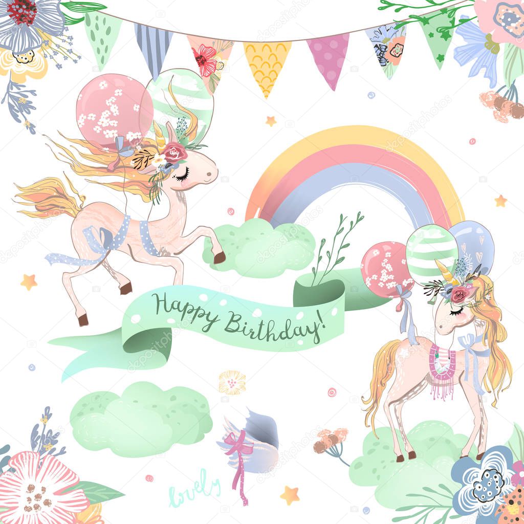 Set of cute birthday unicorns with rainbow, banners, balloons , clouds and flowers on white background