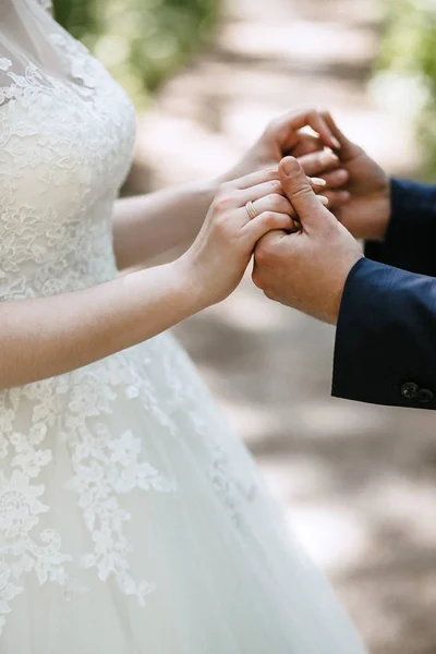 Sposo Tiene Mani Della Sposa Abito Sposa Con Una Bella — Foto Stock