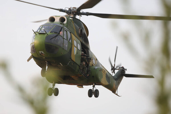 BABADAG, ROMANIA - June 24, 2018: A SA 330 Puma helicopter takes part at a military exercise, on June 24.