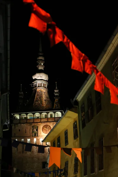 Sighisoara Rumänien August 2018 Nachtszene Mit Der Turmuhr Der Mittelalterlichen — Stockfoto