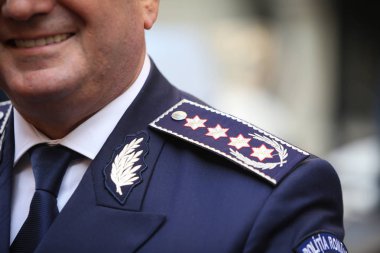 Bucharest, Romanya - 23 Ekim 2018: Polis Quaestor-genel Insignia apolet, Romanya polis şefi olarak