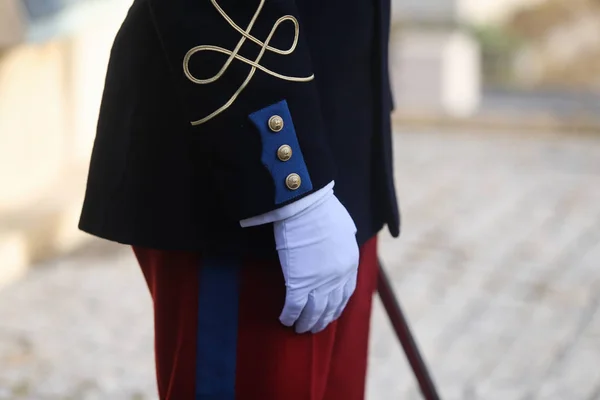 Детали Форме Французского Солдата Почетного Караула Присутствующего Официальной Церемонии Кладбище — стоковое фото