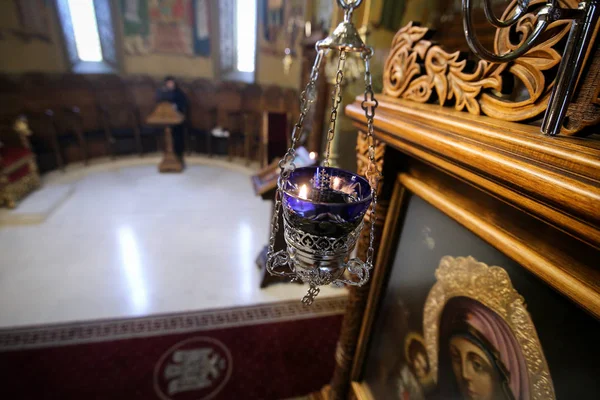 Bucharest Romania October 2018 Candle Virgin Mary Icon Orthodox Christian — Stock Photo, Image