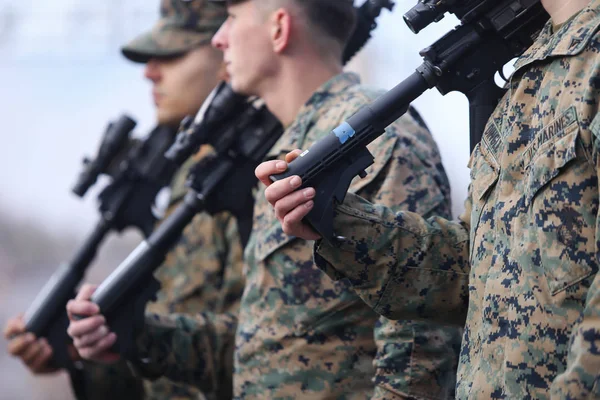 BUCHAREST, ROMANIA - December 1, 2018: US marines take part at the Romania's National Day military parade, in Bucharest.