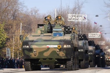 Bucharest, Romanya - 1 Aralık 2018: Lehçe Rosomak zırhlı araçlar Romanya Milli günü askeri geçit töreni