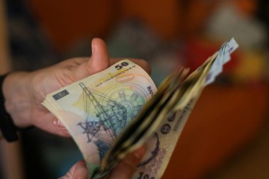 50 ve 100 Romence Lei para banknot sayma genç bir kız elleriyle ayrıntıları