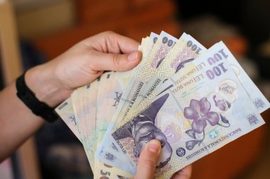 50 ve 100 Romence Lei para banknot sayma genç bir kız elleriyle ayrıntıları