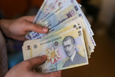 50 ve 100 Romence Lei para banknot sayma genç bir kız elleriyle ayrıntıları