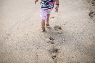 Yalnız çocuk kuma ayak diziniz bırakarak sahilde yürüyor